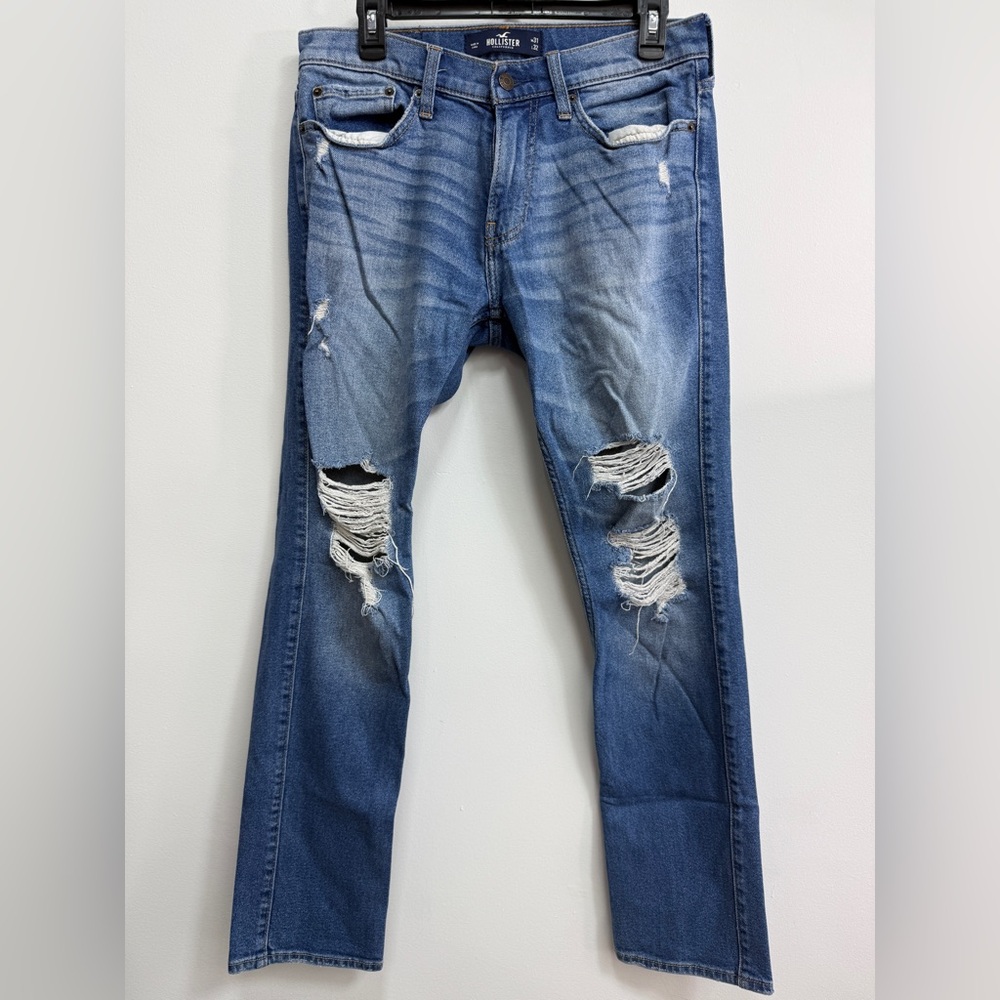 Hollister Men's Distressed Blue Slim Straight Jeans, EUC